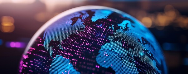 Abstract globe with dotted pattern, blue and purple hues, tech and data transfer theme