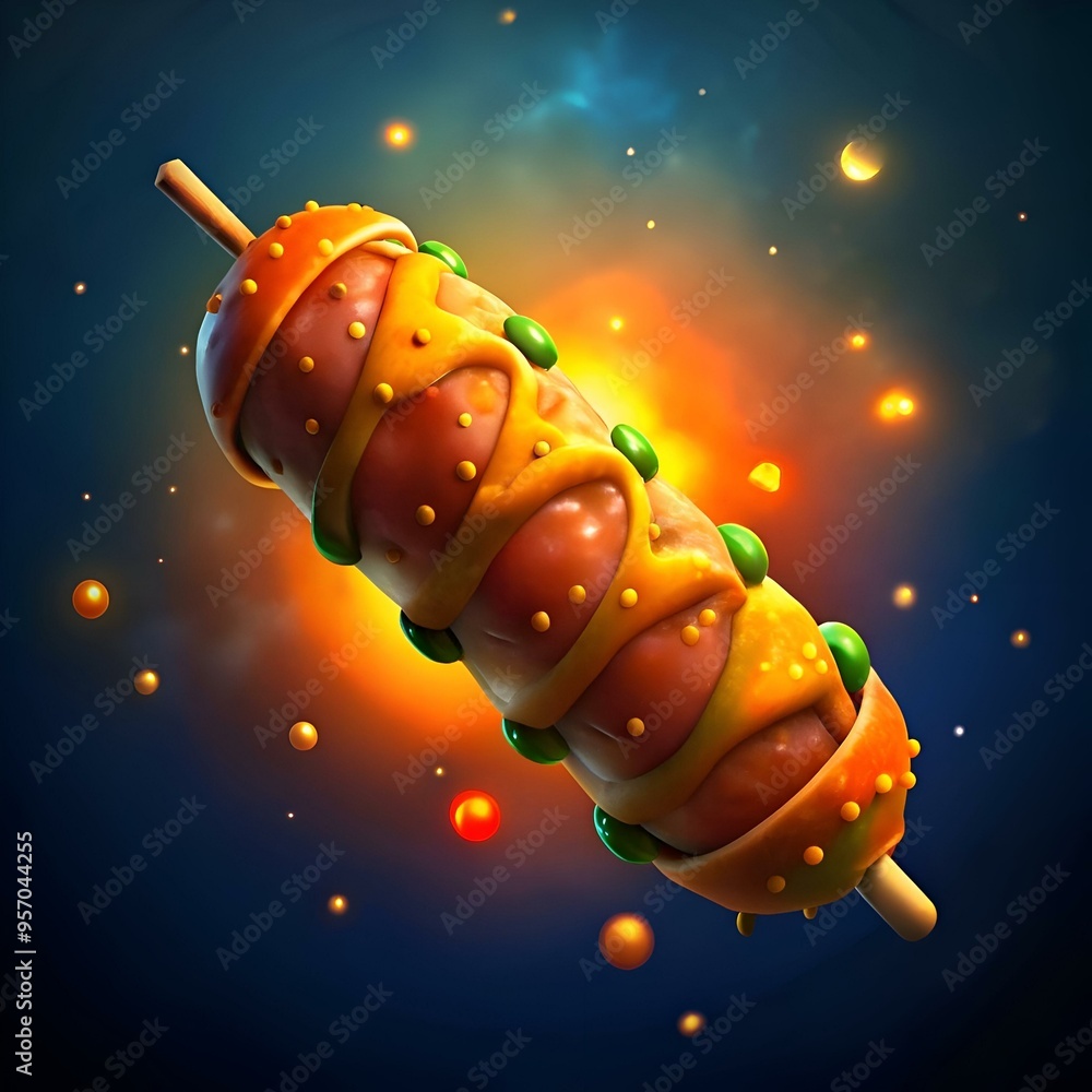 Poster a playful and vibrant 3d illustration of a seekh kebab. perfect for adding a fun and appetizing touc