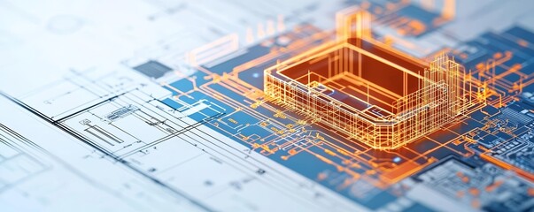 Digital construction blueprint with futuristic holographic overlays