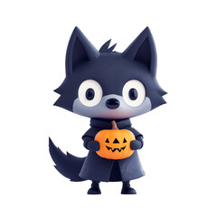 Obraz premium Adorable cartoon wolf character in a cloak holding a pumpkin, perfect for Halloween-themed projects and illustrations.