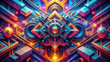 Fototapeta premium Vibrant, abstract digital art piece featuring swirling shapes, geometric patterns, and bold typography, blending modern design elements with futuristic cyberpunk aesthetics.