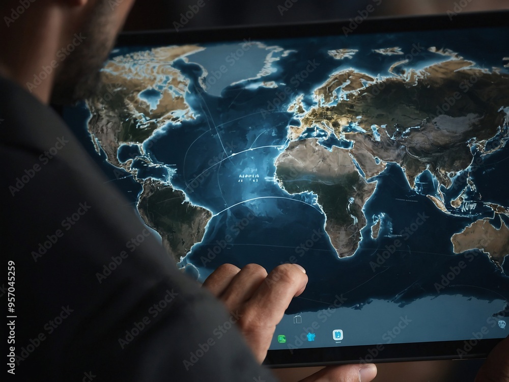 Poster man holding a tablet displaying a world map, highlighting global connectivity.