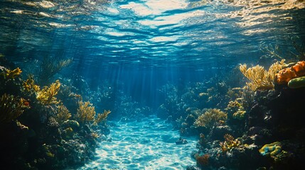 Fototapeta premium Underwater coral reef with sunlight beams shining through the water.