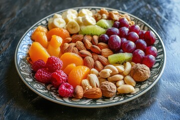 A plate of assorted fruits and nuts