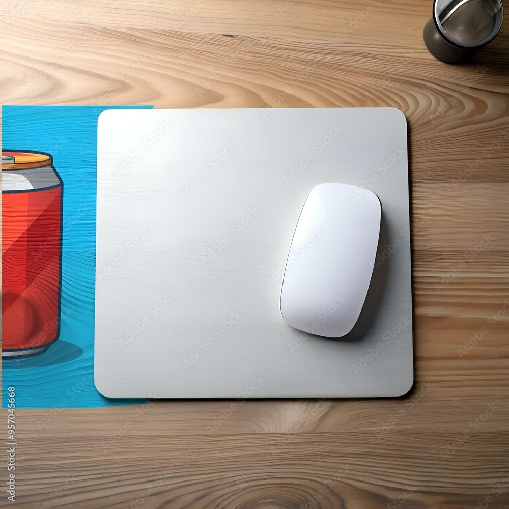 Poster clean and minimalist workspace featuring a white wireless mouse on a silver mousepad with a can of s