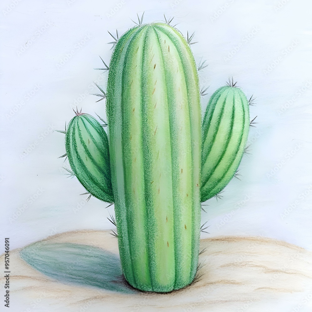 Poster a charming hand drawn illustration of a tall. segmented cactus with a smaller cactus growing at its 