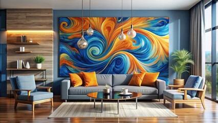 Vibrant abstract wall art featuring swirling patterns of blue and orange hues, adding a pop of color and modern style to any horizontal space.