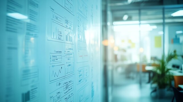 Modern office space featuring informative presentation on glass wall, showcasing various data visualizations and analyses.