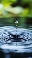 A drop of water falling into a large body of water. The water is calm and still, with no ripples or...
