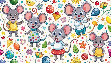 Fototapeta premium Illustrated cartoon mice characters in various poses, surrounded by colorful icons, shapes, and patterns, on a bright white background, perfect for playful designs.