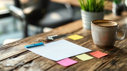Cozy workspace with a coffee cup, blank paper, and colorful sticky notes, ideal for brainstorming or planning sessions.