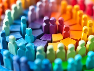 Fototapeta premium Colorful wooden figures arranged in a circular pattern symbolize diversity and community engagement.