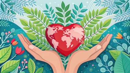 Illustrated hand holding a heart surrounded by leaves and abstract shapes, symbolizing kindness, generosity, and charitable giving on a global volunteerism day.