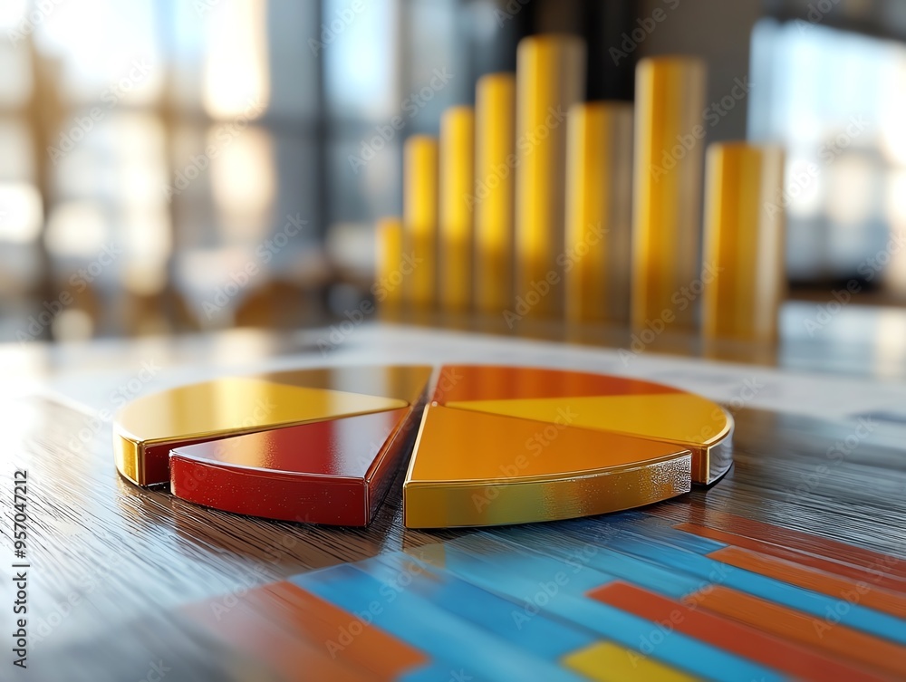 Poster colorful pie chart and bar graph on a table, showcasing data visualization for business analysis and