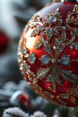 Fototapeta premium close up of a frosted christmas ornament, detailed with tiny ice crystals, delicate carvings, and a soft glow