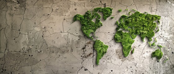 A world map made of lush green foliage against a cracked, earthy background. Nature's embrace over a textured global outline.