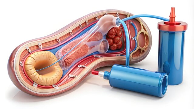 Inflatable medical device for treating erectile dysfunction, consisting of cylinders, reservoir, and pump, shown in detailed anatomical illustration with surrounding tissue and blood vessels.