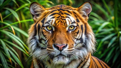 Fototapeta premium Intense gaze of a majestic Bengal tiger's golden eyes, with intricate details and whisker-like eyelashes, set against a blurred green forest background.