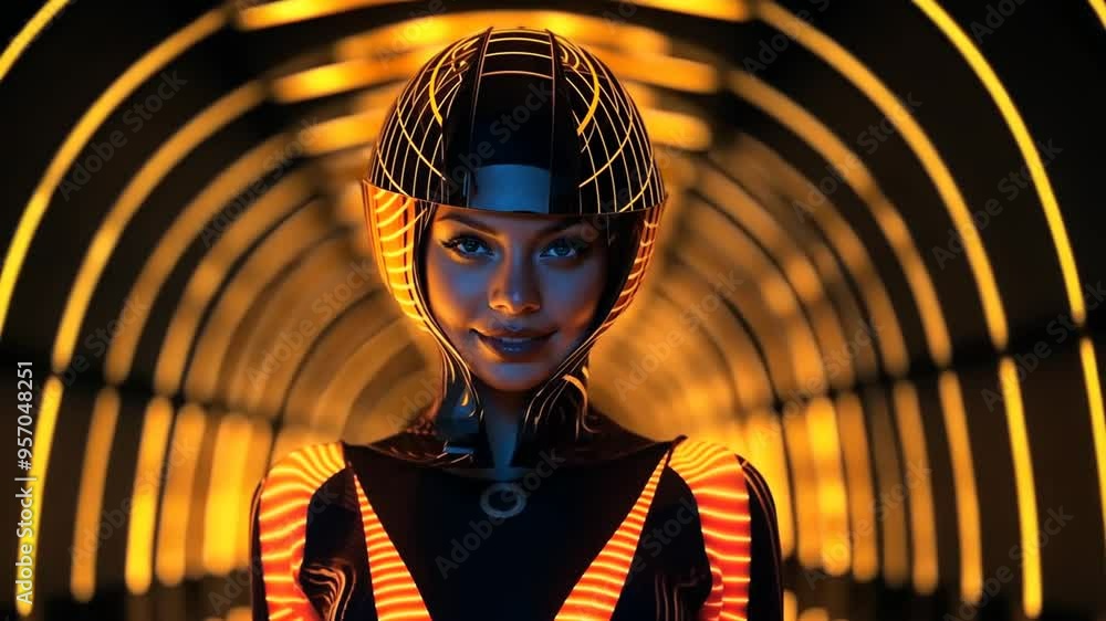 Poster futuristic character posing in a glowing tunnel at nighttime generative ai