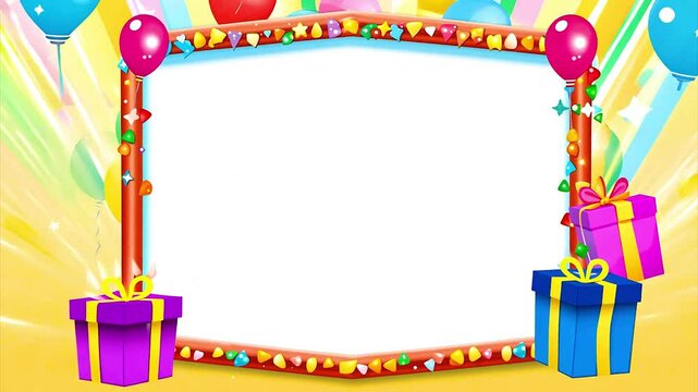 Happy birthday template frame with balloons and decoration, place for text or copy space.
