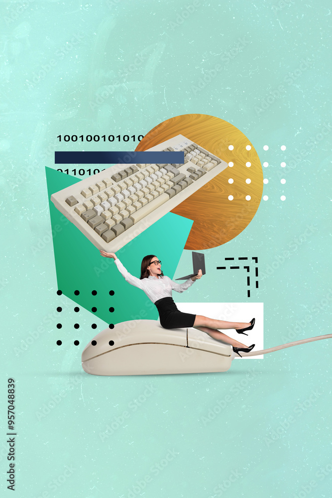 Poster collage sketch image of funny crazy cheerful lady using modern devices holding keypad isolated on dr