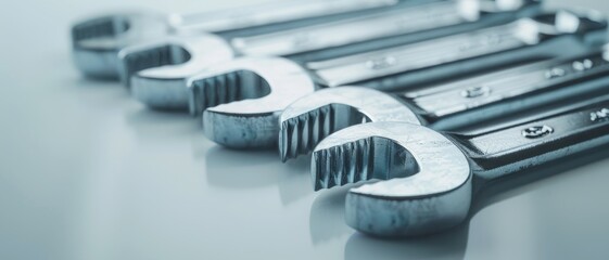A set of shiny, chrome wrenches organized in a line, reflecting light, symbolizing precision, craftsmanship, and tools of the trade.