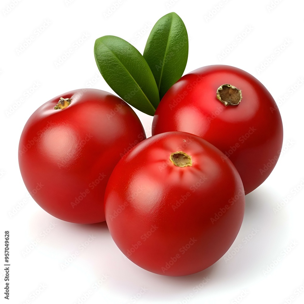 Poster a trio of 3d rendered cranberries with realistic detail and a single leaf. perfect for adding a touc