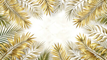 Naklejka premium Intricate golden palm leaf border frames a serene white background, adorned with delicate patterns and subtle textures, evoking a sense of elegance and tropical sophistication.