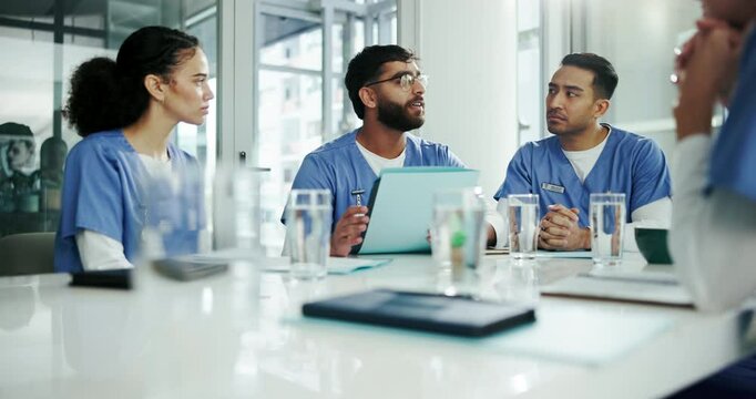 Research, medical and speaker with doctors in hospital boardroom for mpox protocol, planning and healthcare cure. Medicine, idea and clinical trial report with people in meeting for documents