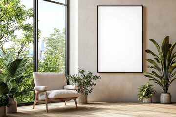 Poster Frame in Beige minimalist living room interior created with generative AI