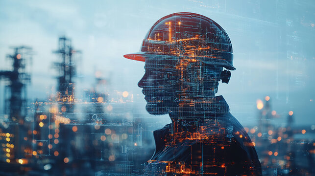 Double exposure Engineer hardhat implements advanced cybersecurity measures to protect digital infrastructure in global logistics.
