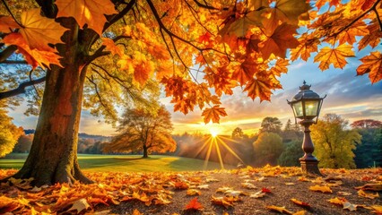 Vibrant autumn leaves and golden light illuminate a serene morning scene as the clock turns back, marking the end of daylight saving time.