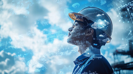 Double exposure Engineer hardhat integrates cloud-based platforms for global coordination of supply chain activities.
