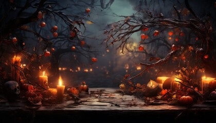 Fototapeta premium table with candles and pumpkins on it