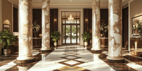 Naklejka premium Elegant marble entryway with columns and a door.