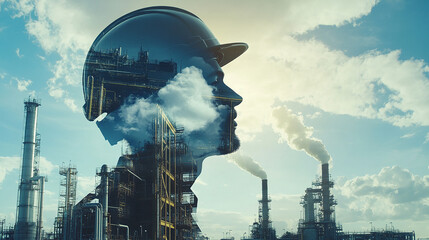 Double exposure Engineer hardhat integrates cloud-based platforms for global coordination of supply chain activities.