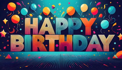 Colorful balloons and confetti with a happy birthday message on a festive background.