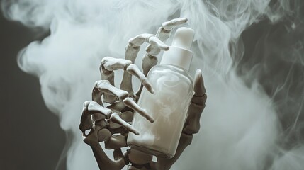 a skeletal hand holding a white cosmetic bottle, surrounded by swirling mist, Halloween cosmetic