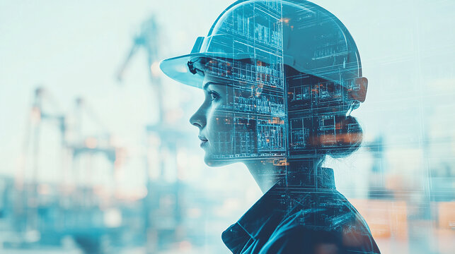 Double exposure Engineer hardhat oversees the implementation of automated warehousing systems for international logistics.
