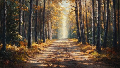 Fototapeta premium A spectacular autumn scenery with a road path through a dense forest and golden sunlight. The forest is decorated with shades of orange and teal in the fall. An illustration in digital art.