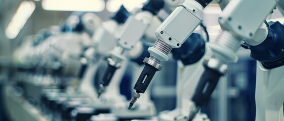 Fototapeta premium Advanced robotic arms meticulously working on an assembly line, showcasing precision and technological advancement.
