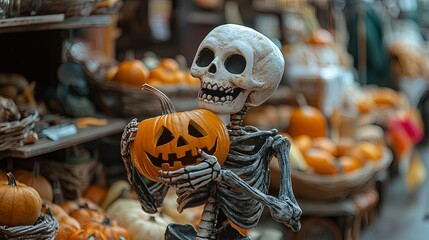 a grinning skeleton holding a carved jack-o'-lantern in a setting filled with various pumpkins and festive decorations