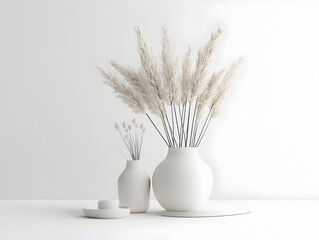 Minimalist Product Placement Showcase on White Background with Pampas Grass