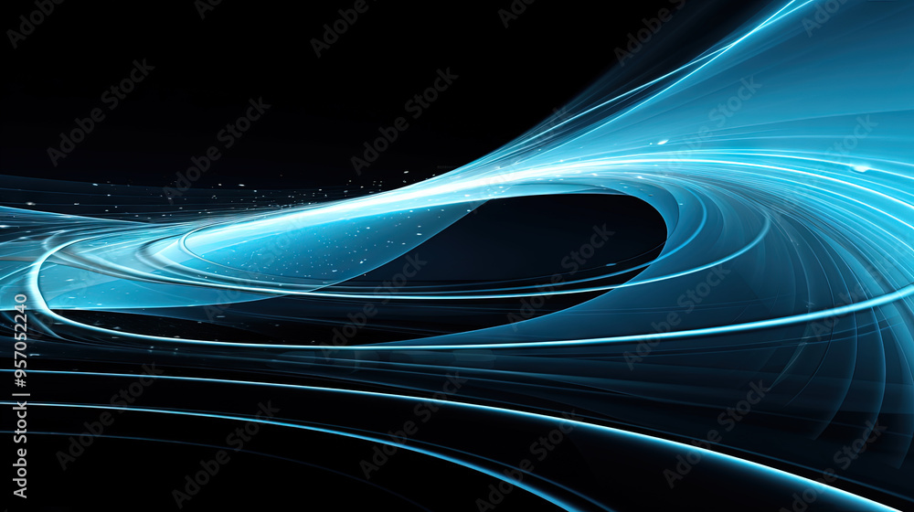 Poster Abstract blue neon light trails and digital waves on dark background for tech and business design themes.
