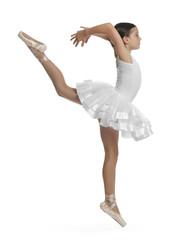 Cute little ballerina dancing on white background