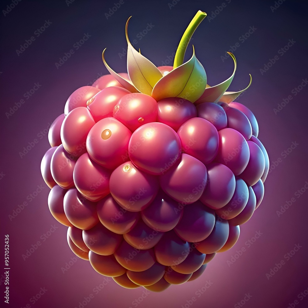 Poster a vibrant 3d illustration of a single raspberry. rendered with a glossy. realistic texture.