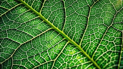 Fototapeta premium Intricate network of veins on a lush green leaf, with delicate patterns and textures, showcasing nature's intricate architecture and vibrant colors under macro lens.
