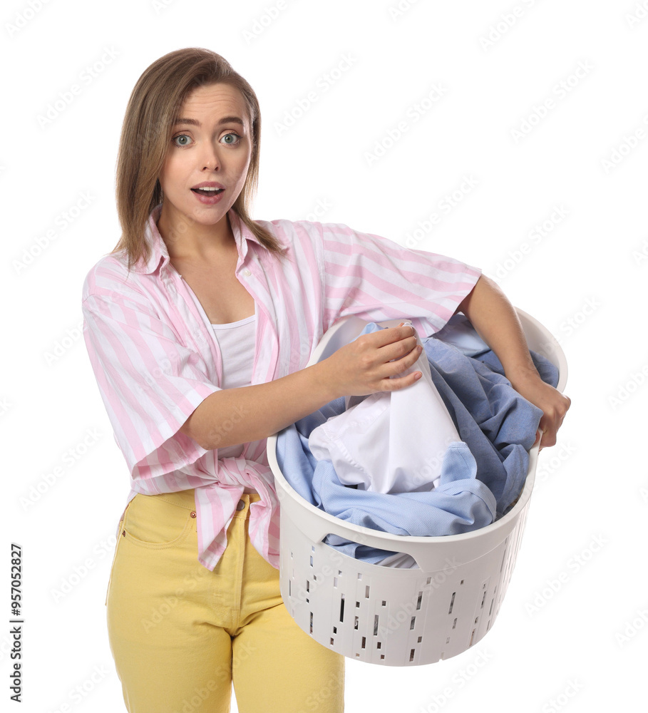 Canvas Prints Young housewife with basket full of laundry on white background