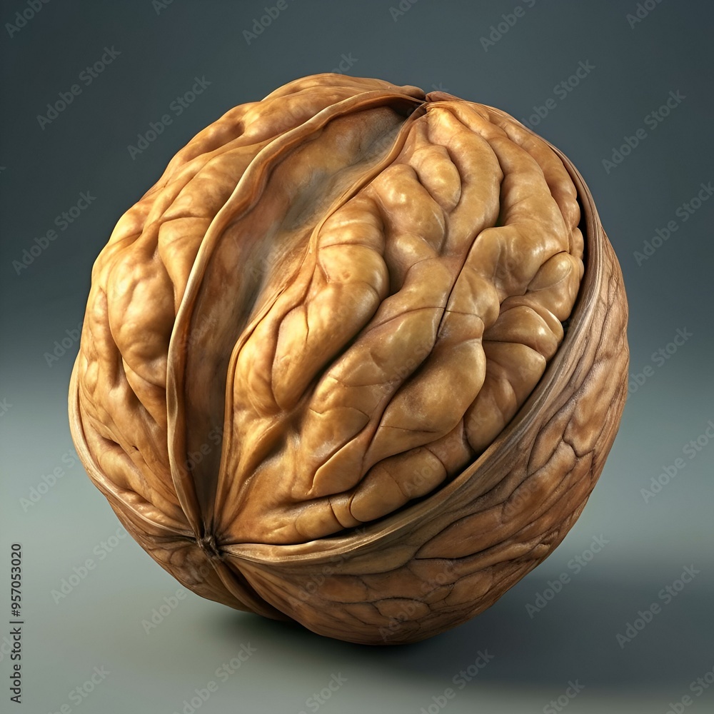 Poster close up shot of a whole walnut with its shell slightly cracked open. revealing the intricate detail