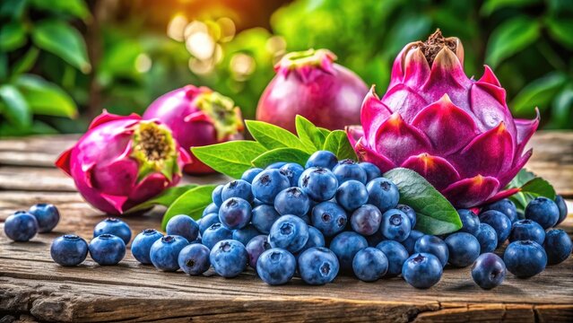 Vibrant blueberries, juicy blue grapes, and radiant blue dragon fruit arrange harmoniously on a rustic wooden table, surrounded by lush greenery and soft natural light.